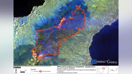 Oversiktskart over skogbrannen på Tenerife 18. august 2023.