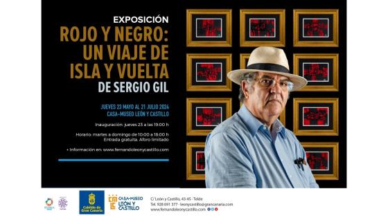 Bilde av kunstneren Sergio Gil, en eldre mann med stråhatt, foran et av sine kunstverker i rødt og svart.
